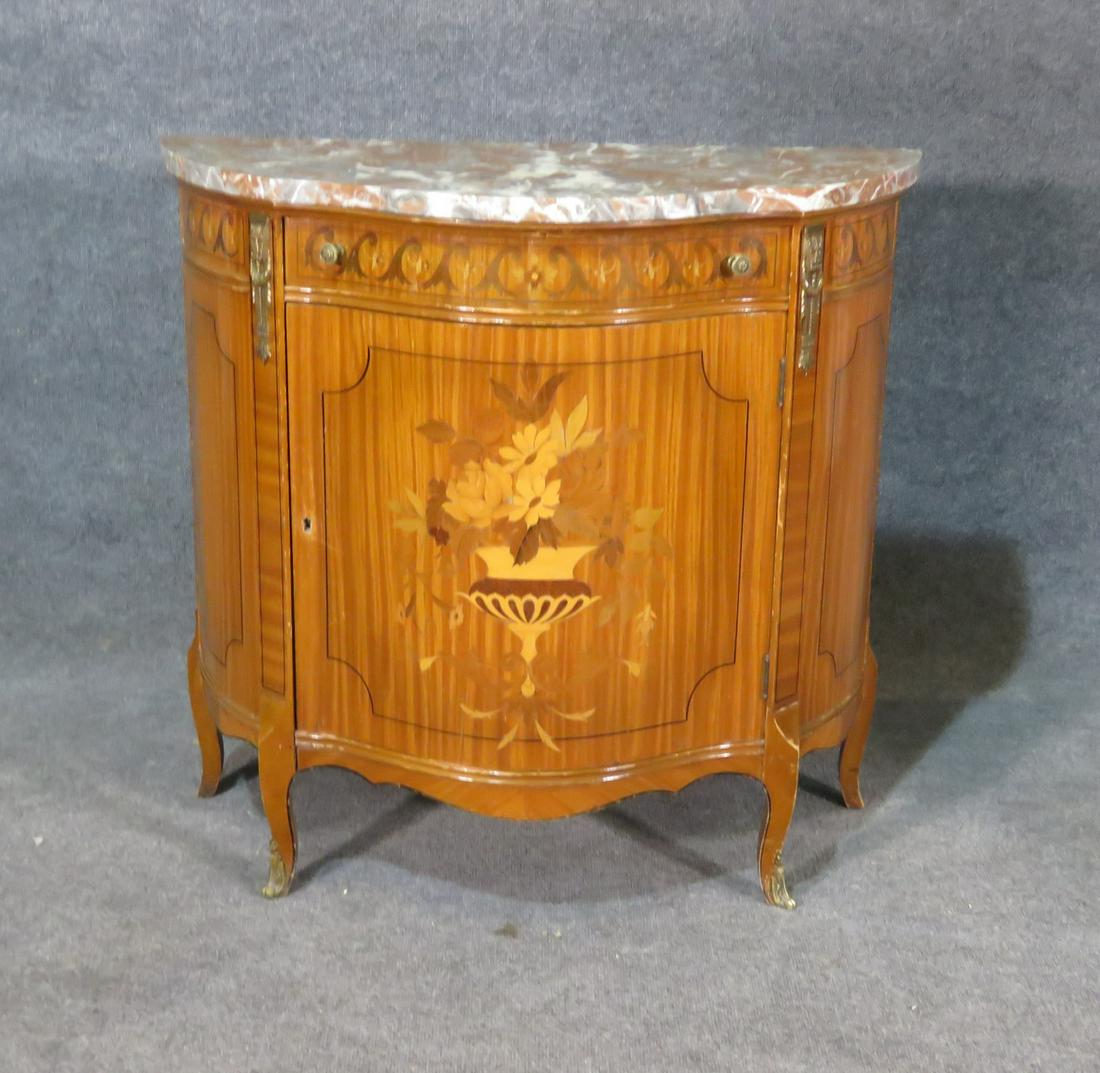 FRENCH INLAID MARBLE TOP COMMODE: Inlaid. Marble top. One door containing one shelf. One drawer. Metal hardware. 32 1/4" h x 34" w x 16" d.