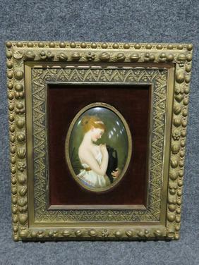 CONVEX OVAL PORCELAIN PLAQUE GIRL WITH URN (1 of 4)