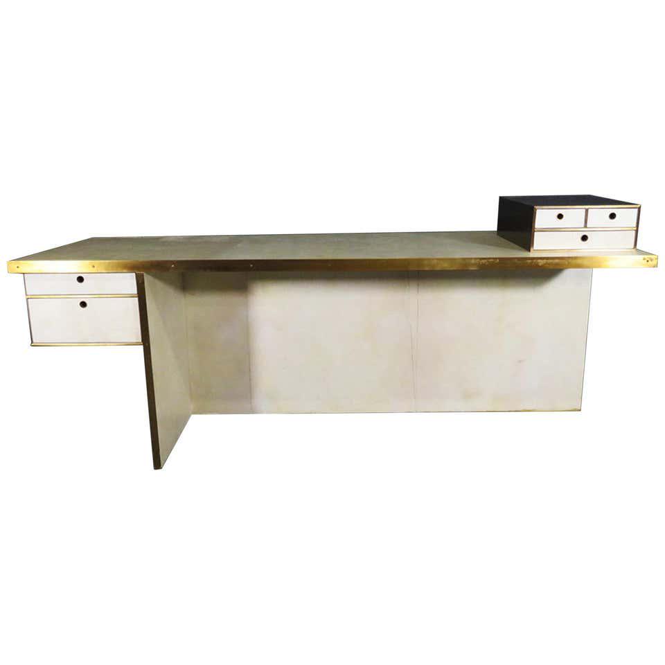 KELLY WEARSTLER PARCHMENT & BRASS TRIMMED DILLON DESK: Brass. 35 3/4" h x 84 1/2" h x 30 1/4" d.