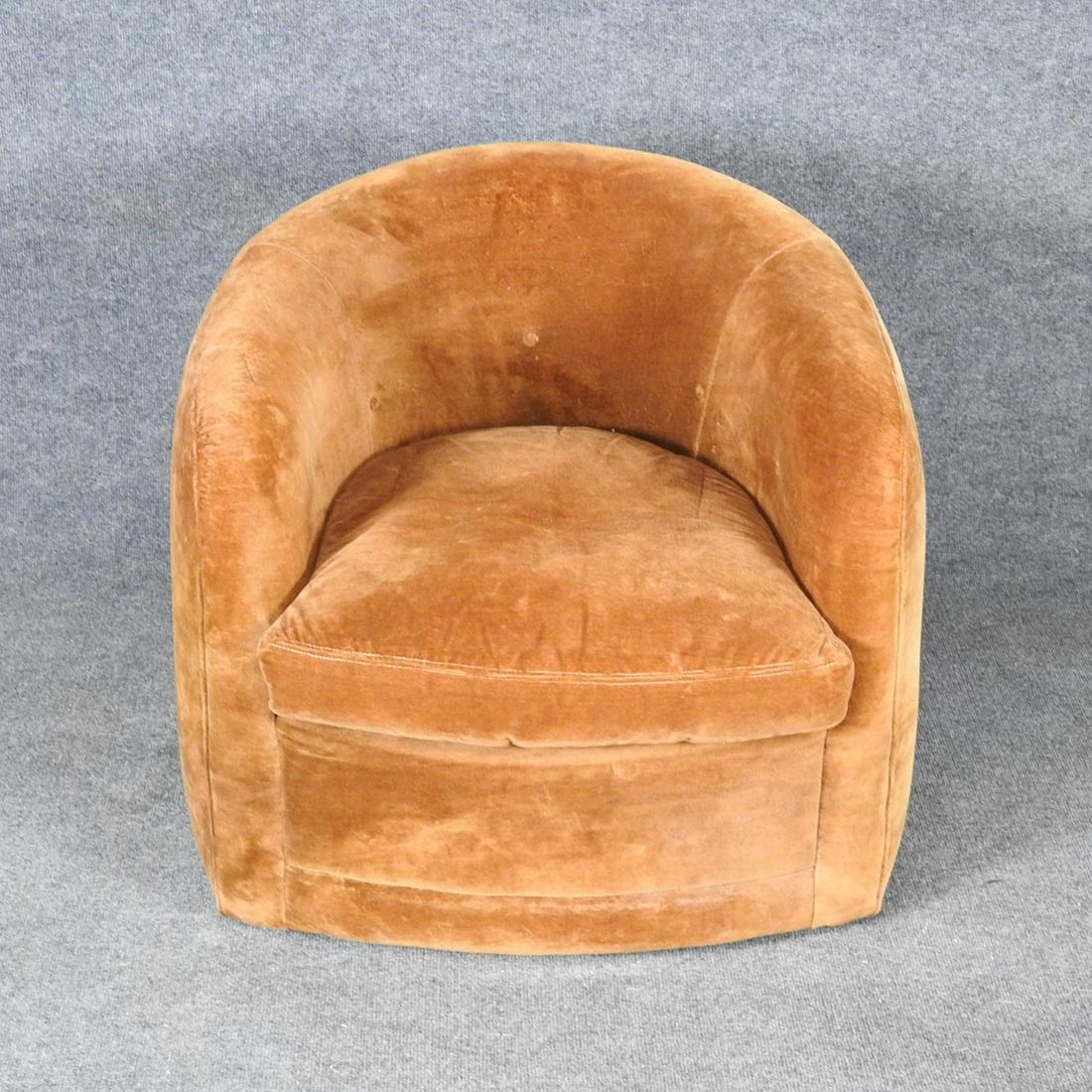 MILO BAUGHMAN FOR THAYER COGGIN SWIVEL CHAIR: Velvet covering with loose cushion on walnut veneer round base. 26" h x 30" w x 32" d. Seat height 16".