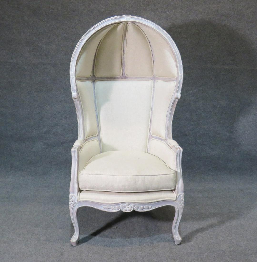 HOODED "PORTER'S CHAIR: Burlap material. Pickled finish. 61" h x 29 1/2" w x 24" d. Seat height 21".