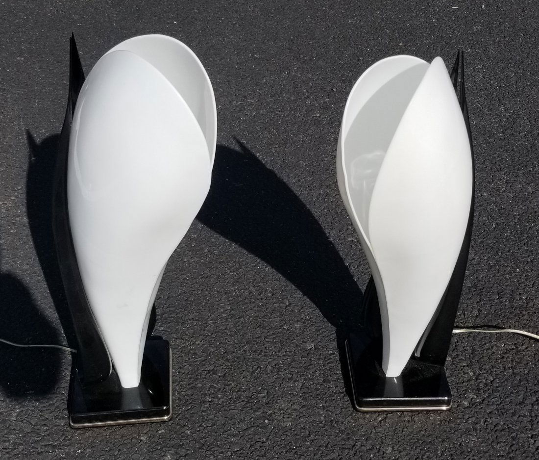PAIR OF ROUGIER BLACK AND WHITE LAMPS: Black and white lucite lamps by Rougier. 27"H X 11 1/2"W X 11" D.