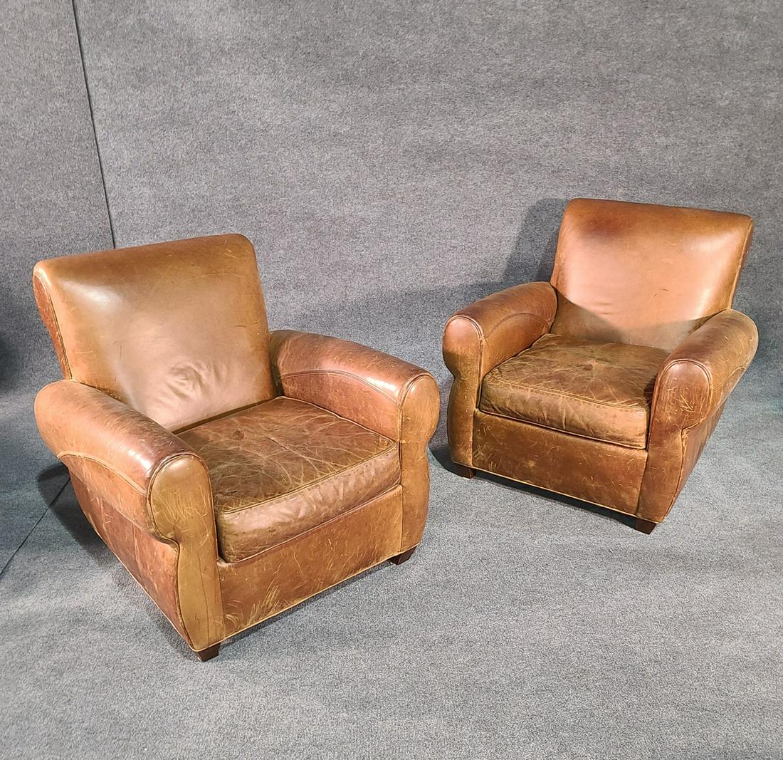 PAIR FRENCH DECO STYLE LEATHER CLUB CHAIRS (1 of 10)