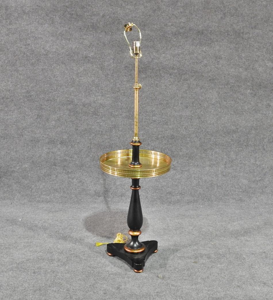 EBONIZED TABLE LAMP: Brass tray. Ebonized. 55" h x 15 1/2" w x 15 1/2" d.