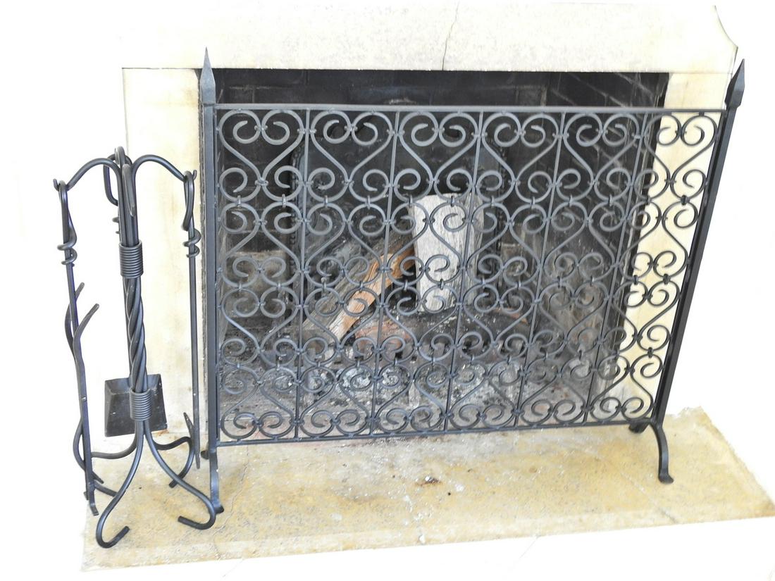 RENAISSANCE STYLE FIRESCREEN & FIREPLACE TOOLS: All forged iron.