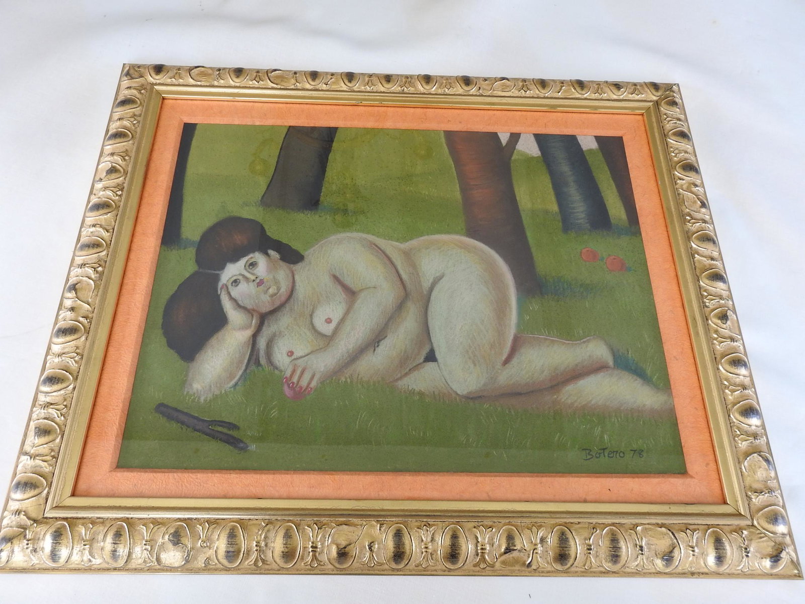 BOTERO STYLE ARTWORK RECLINING NUDE: Signed on lower right corner. Dated 1978.