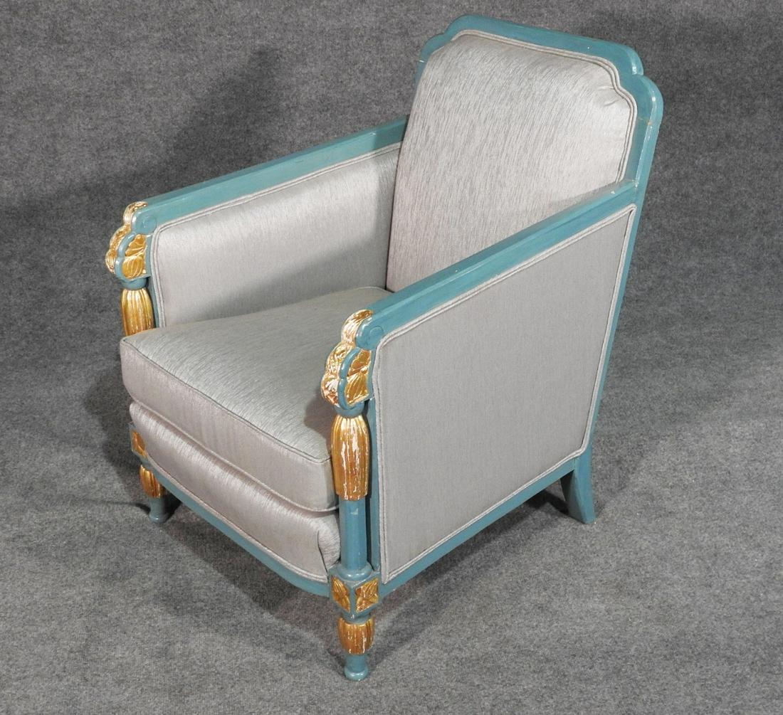 ART DECO STYLE BERGERE: Blue painted and gilt trim. Blue fabric upholstery. 33 1/2" h x 25 1/4" w x 30 1/2" d. Seat height 16 1/2".