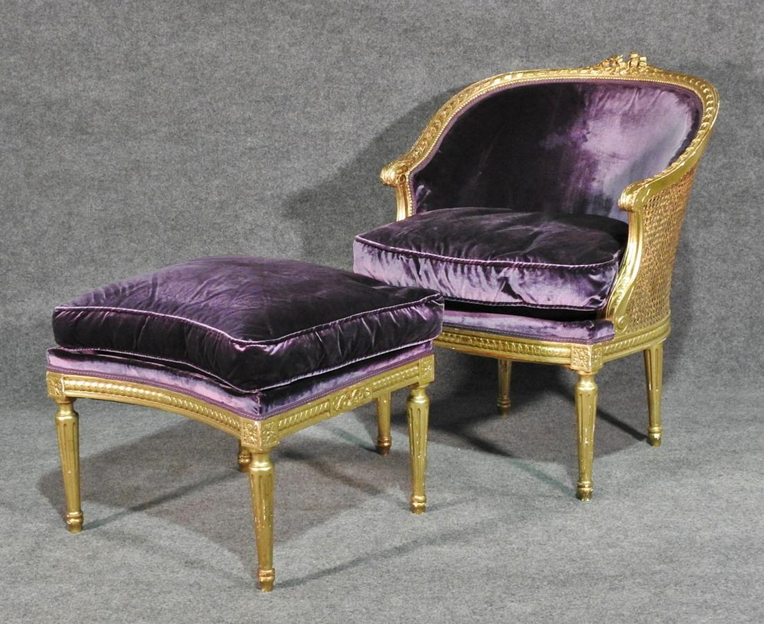 LOUIS XVI STYLE GILT CHAIR & OTTOMAN (1 of 10)