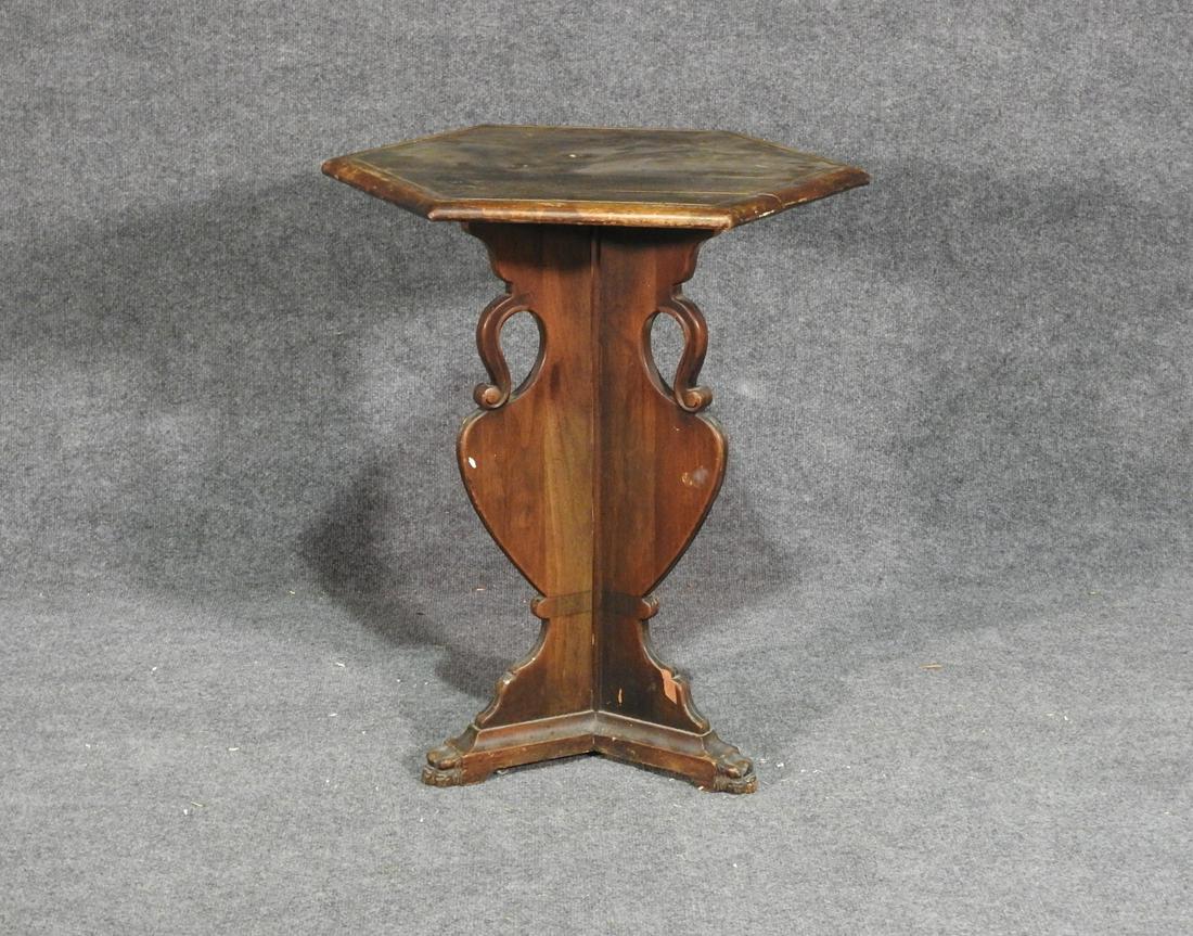 ANTIQUE HEXAGON END TABLE: All wood. Claw feet. 26 1/4" 20 1/2" diameter.