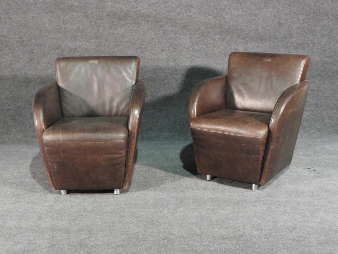 PAIR TARA LEATHER CLUB CHAIRS: Brown distressed leather with chrome legs H: 32in W:26 1/4in D: 24in SH: 16 1/2in