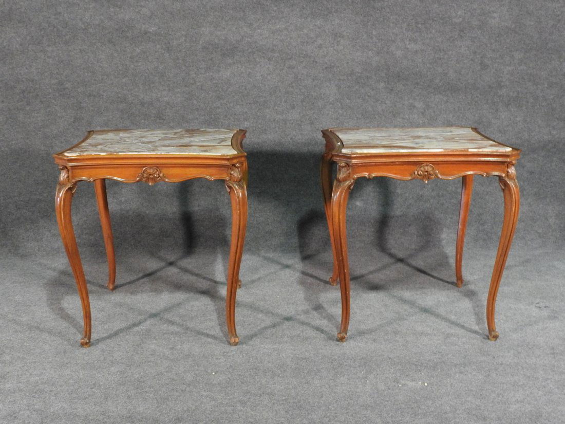 PAIR LOUIS XV STYLE MARBLE TOP END TABLES (1 of 9)