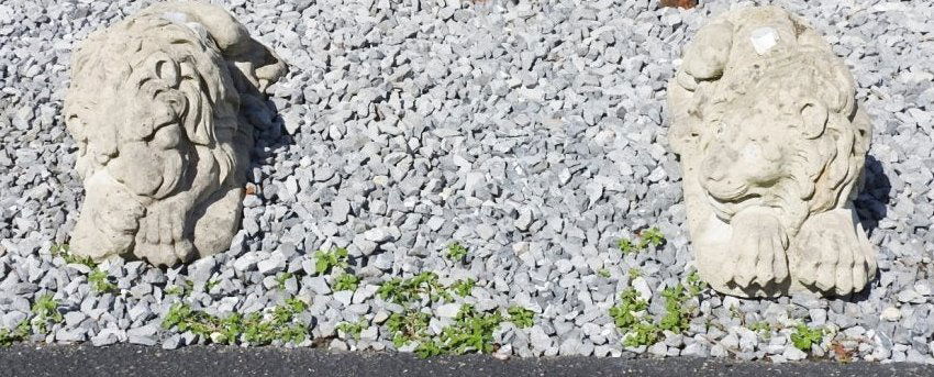 PAIR CAST STONE GARDEN LIONS. (1 of 6)