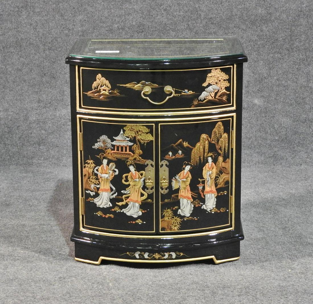 CHINOISERIE NIGHTSTAND: Glass top. 24 1/4"h. x 20 1/4"w. x 16"d
