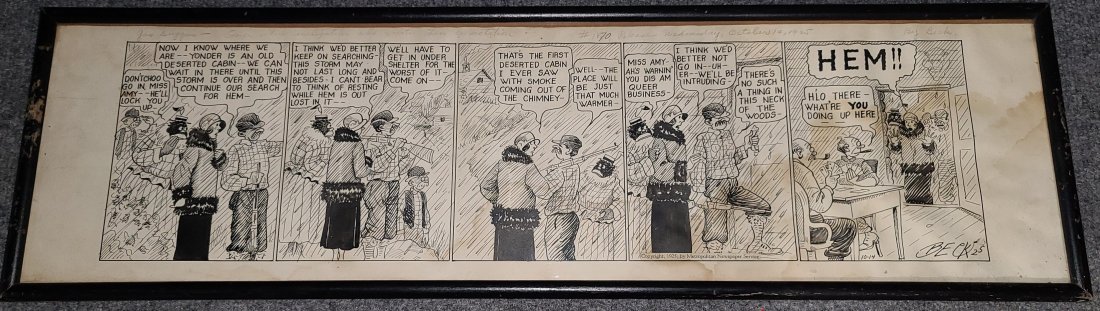 Carton Strip Framed By \"Beck\": Framed with water damage. Pencil signed Beck, 1925. 20 3/4\"H X 30\" W.