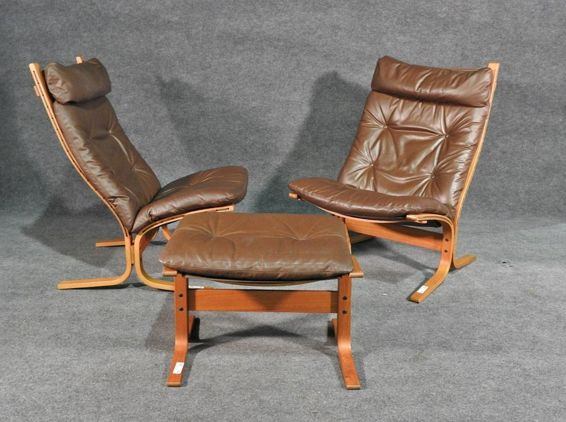 PAIR MCM TEAK FIRESIDE CHAIRS w/ FOOTSTOOL (1 of 6)
