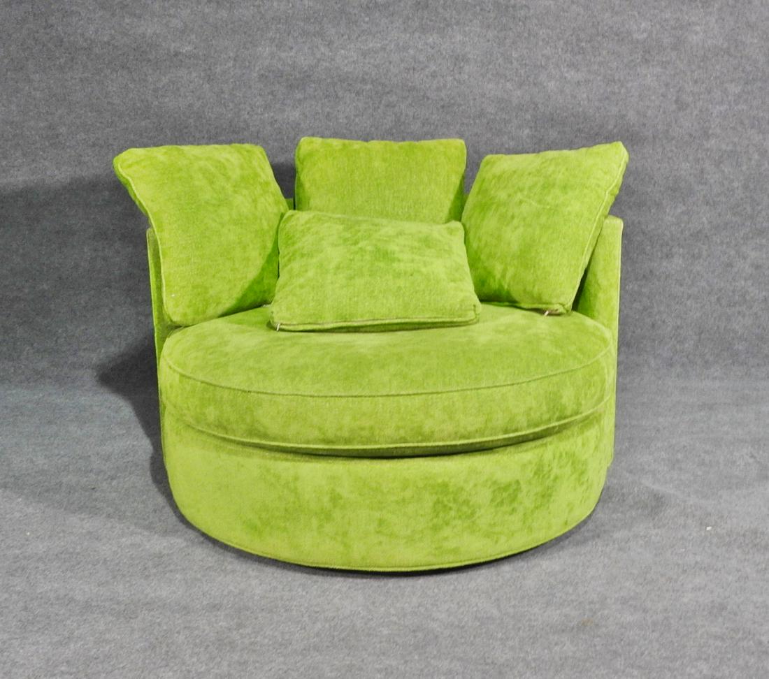 MILO BAUGHMAN STYLE OVER SIZED SWIVEL CHAIR: Swivel. Fully upholstered. 28"h. x 46"w. x 49"d. Seat height: 19"h.