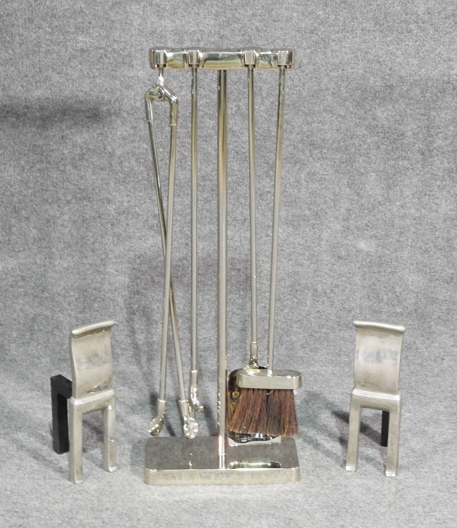 MID CENTURY MODERN CHROME ANDIRONS AND FIRETOOLS (1 of 5)