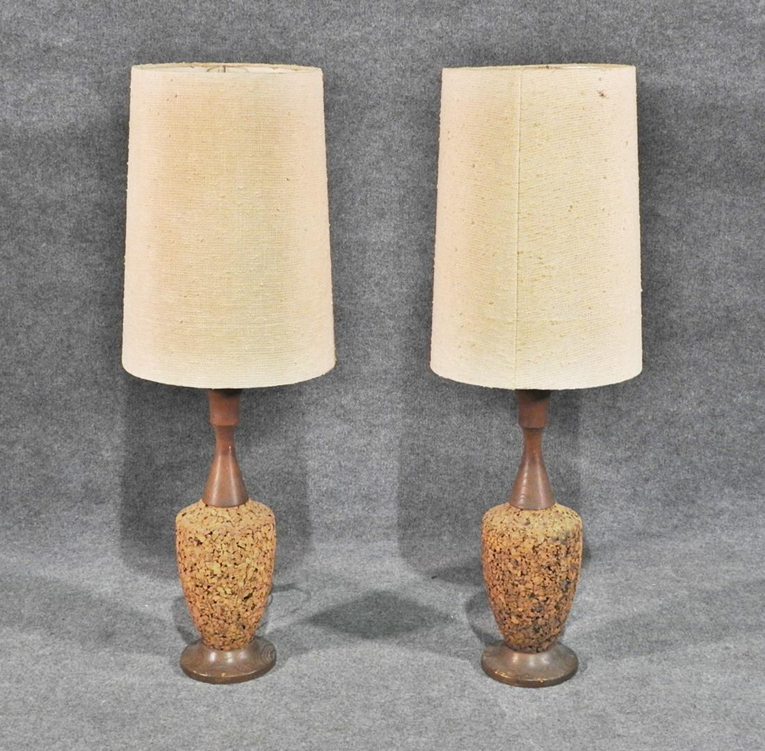 PAIR MODERN WALNUT & CORK LAMPS (1 of 6)