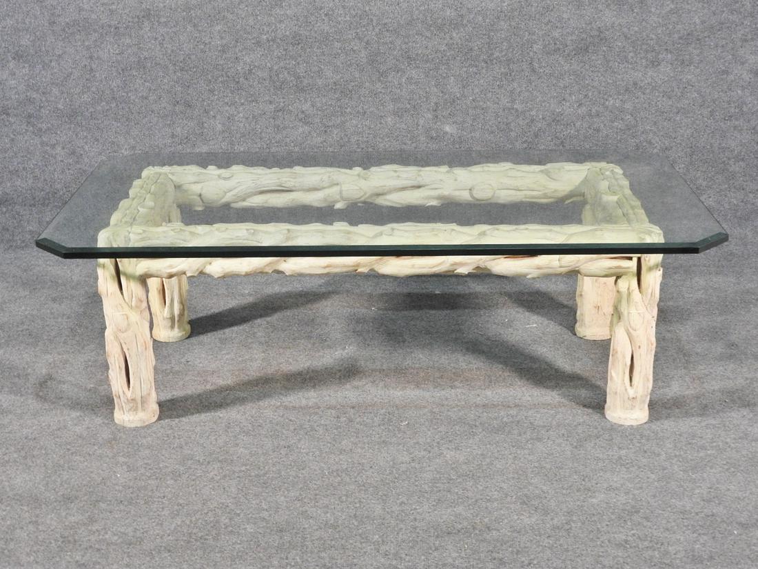 MID CENTURY MODERN FAUX BOIS  GLASS TOP COFFEE TABLE (1 of 9)