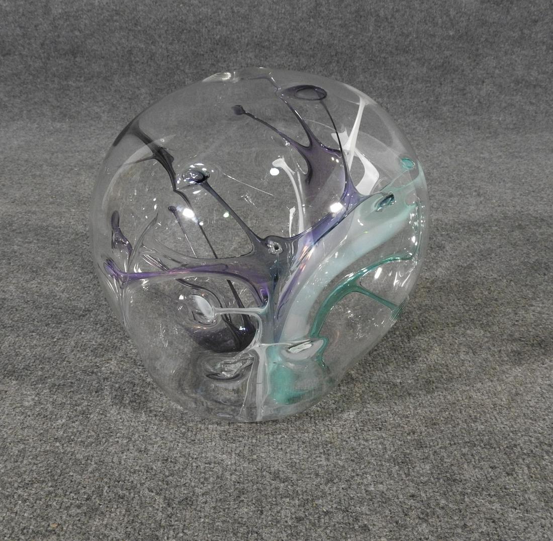 SIGNED PETER BRAMHALL ART GLASS SCULPTURE: Signed. Art glass. Dated October 26, 1986. New series. 11 1/2" h x 11 1/2" diameter.