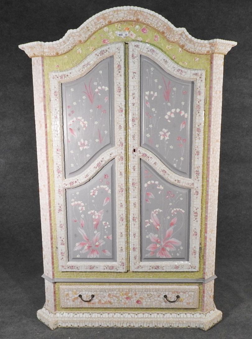 FRENCH MOSIAC CABINET: Painted decorated wood with mosaic tile application. 82" h x 55" w x 25" d.