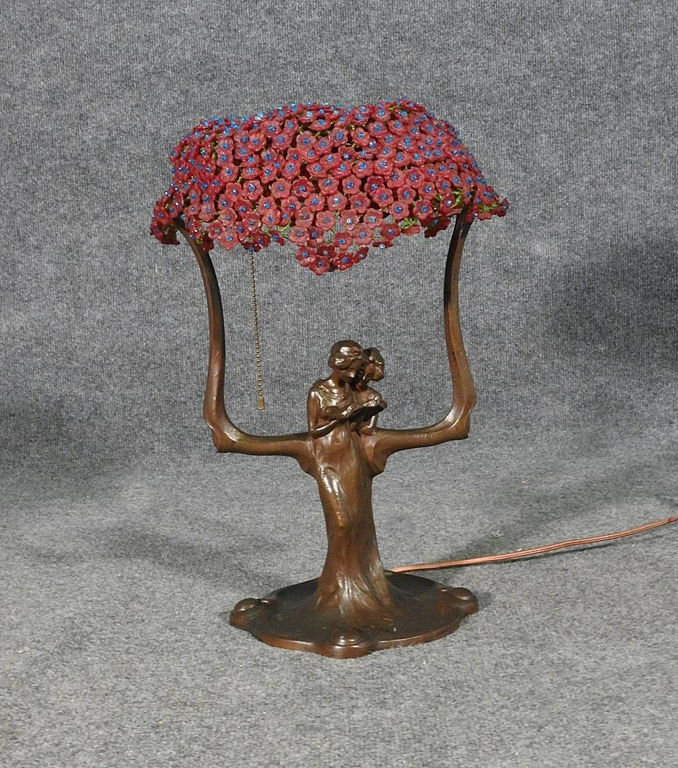 SIGNED BRONZE FIGURAL LAMP WITH BEADED SHADE (1 of 7)