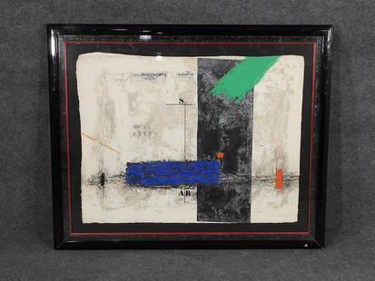 JAMES COIGNARD ABSTRACT ARTWORK: Black frame. Signed and numbered 26/95. Framed measures 41" h x 49 3/8" w x 2 1/2" d. Picture measures 37 1/8" h x 46" w.