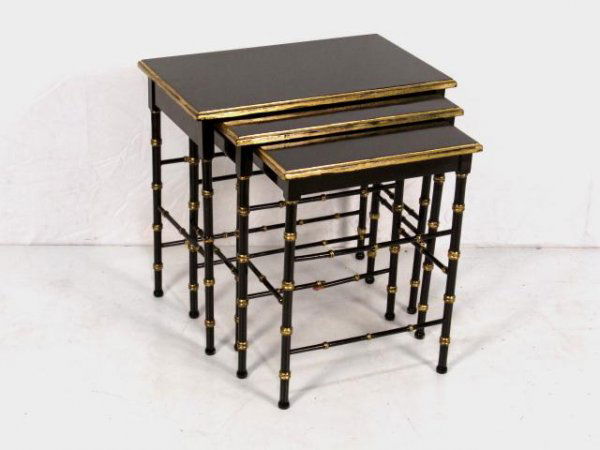 JANSEN BAMBOO STYLE EBONIZED NESTING TABLES: Ebonized with distressed gilt. Excellent condition. 21 2/3"h. x 22 1/2"w. x 13 3/4"d.