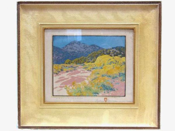 GUSTAVE BAUMANN WOODCUT "ARROYO CHAMISA": Wood-cut in colors. 18/120. Very good condition with some toning. 9 1/2" x 11 1/8".