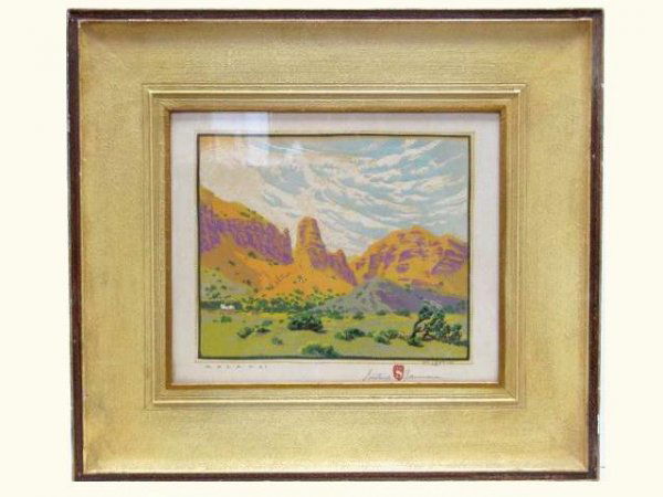 GUSTAVE BAUMANN WOODCUT "MALAPAI": Wood-cut in colors. 18/120. Very good condition with some toning. 9 1/4" x 11 1/8"