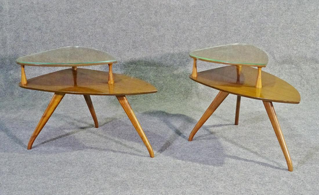 PR VLADIMIR KAGAN STYLE WALNUT SIDE TABLE W GLASS TOPS (1 of 8)
