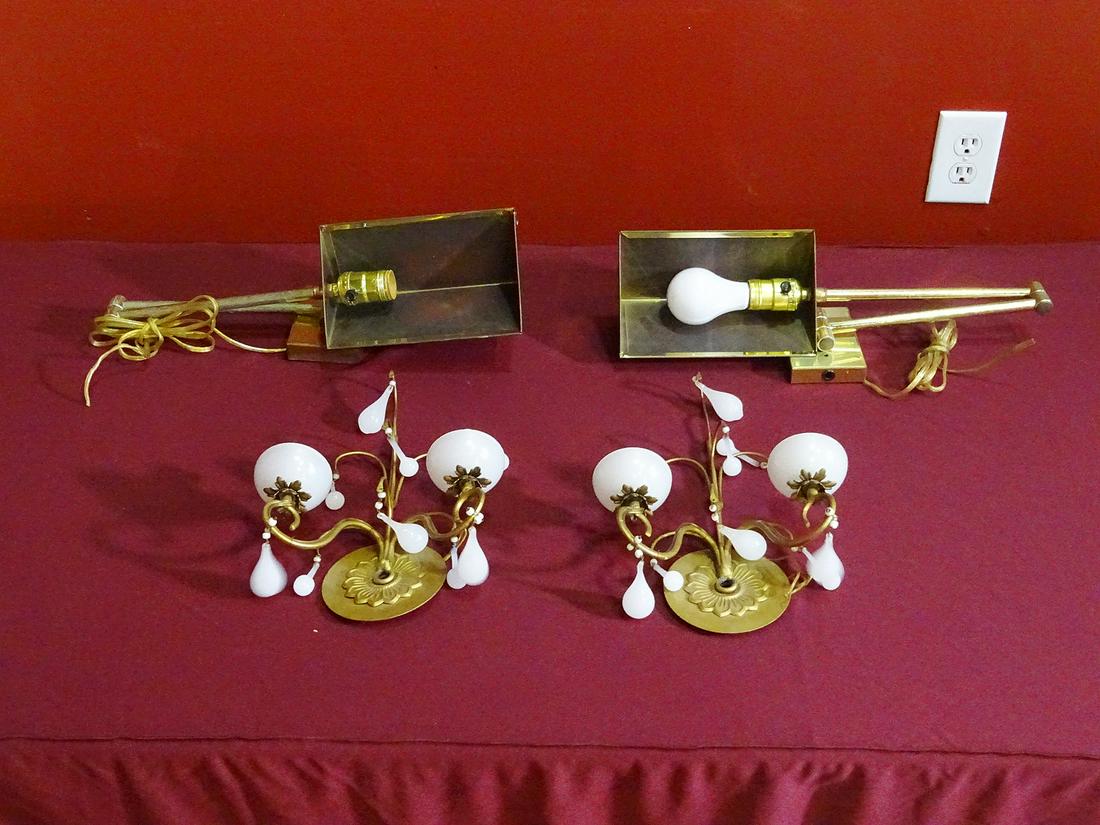 4 MISCELLANEOUS METAL WALL SCONCES: Metal. Lighted. Miscellaneous sizes.