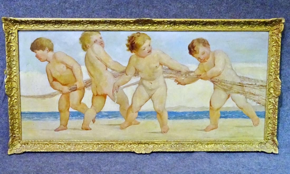 JOHN FULLEYLOVE SIGNED CHERUBS FISHING: Signed lower right. 1845- 1908. Oil on canvas. Framed measures 32 1/2" h x 65 1/4" w x 2 7/8" d. Picture measures 26 1/2" h x 59 1/2" w.