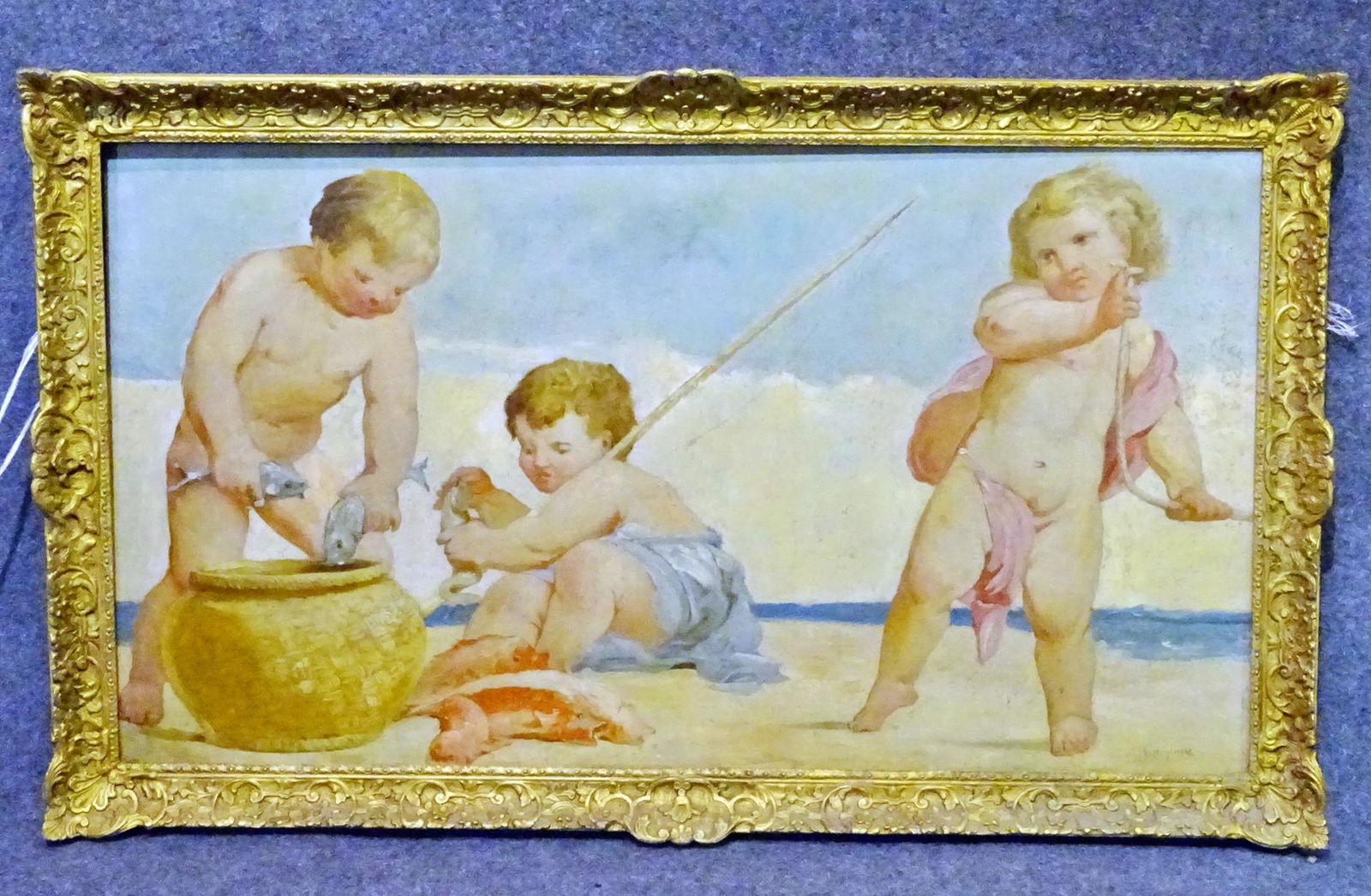 JOHN FULLEYLOVE SIGNED CHERUBS FISHING: Signed lower right. 1845- 1908. Oil on canvas. Framed measures 32 1/4" h x 54 1/4" w x 4" d. Picture measures 26 1/2" h x 48 1/2" w.