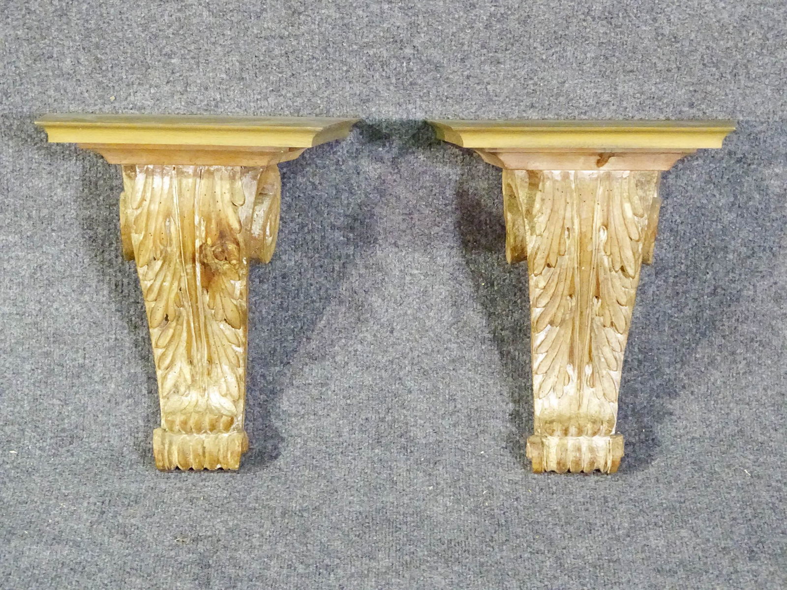 PAIR CARVED WOOD HANGING SHELVES (1 of 9)