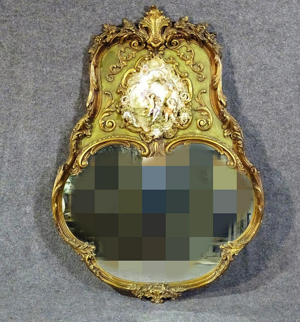 GILT WOOD CARVED MIRROR W PORCELAIN INSERT (1 of 14)