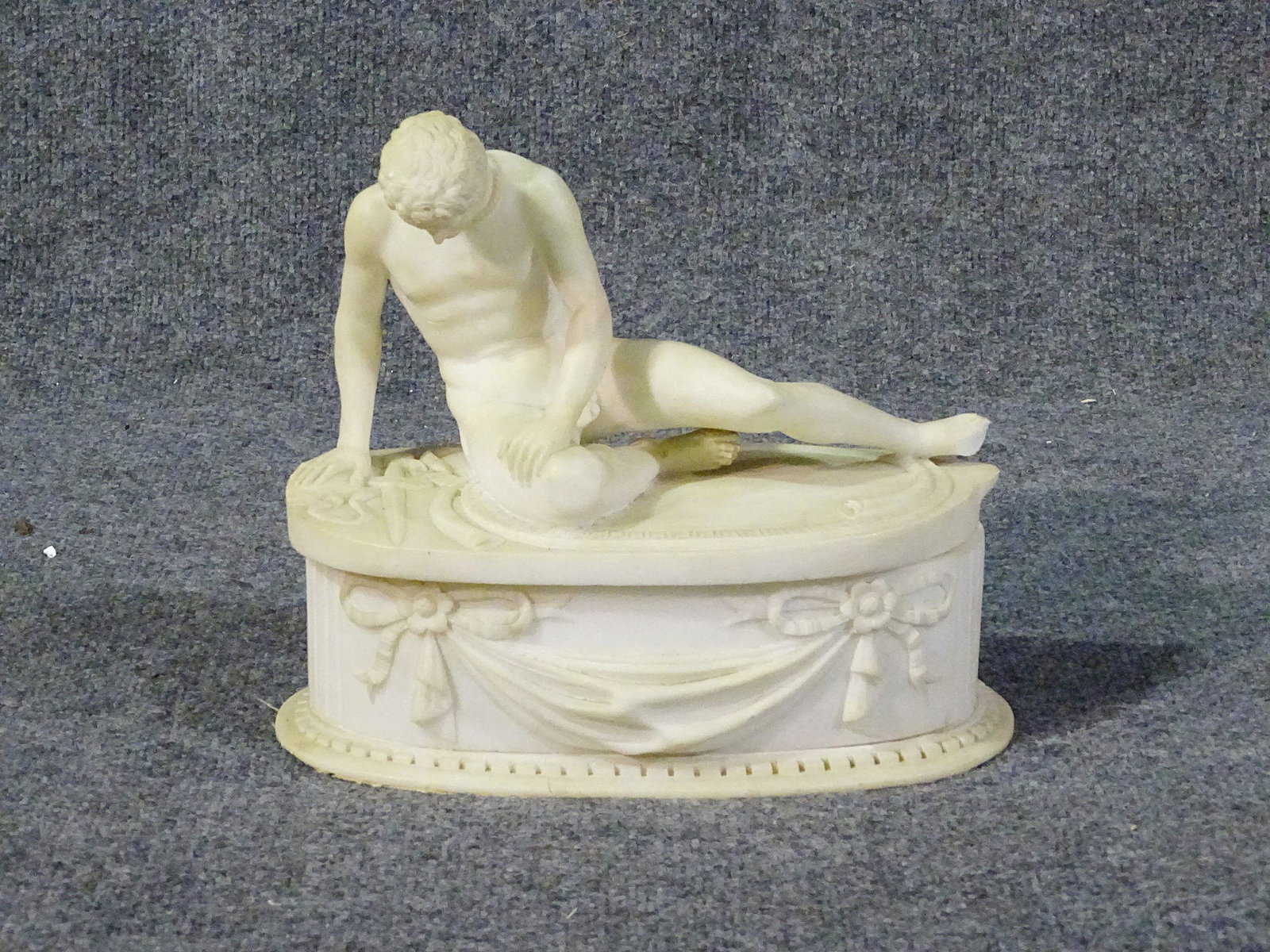 FIGURAL ALABASTER LIDDED CENTERPIECE: Alabaster. Figural. 10 1/2" h x 12" w x 6 1/2" d.