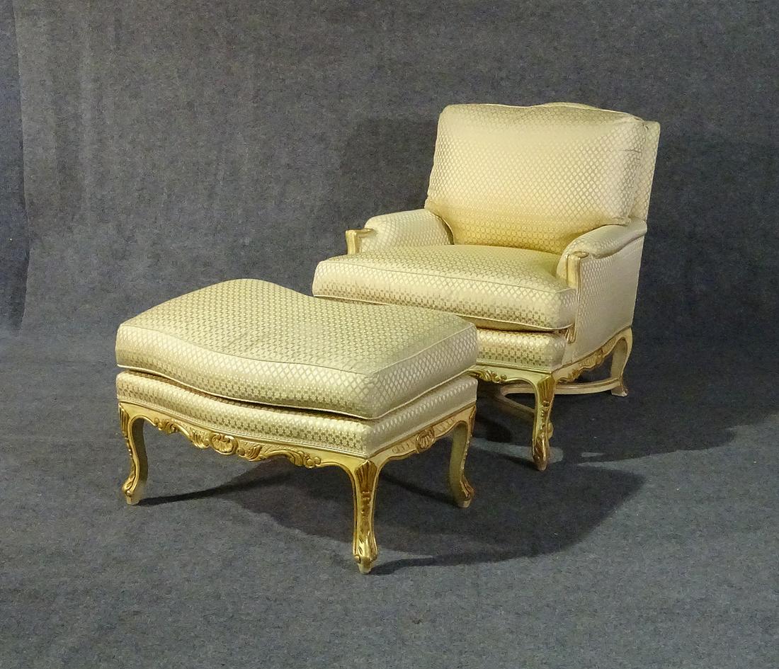 FRENCH BERGERE AND OTTOMAN: Carved wood frame. Painted. Upholstered. Chair measures 34" h x 28" w x 30" d. Seat height 19 3/4". Ottoman measures 18 3/4" h x 27 1/2" w x 18 3/4" d.