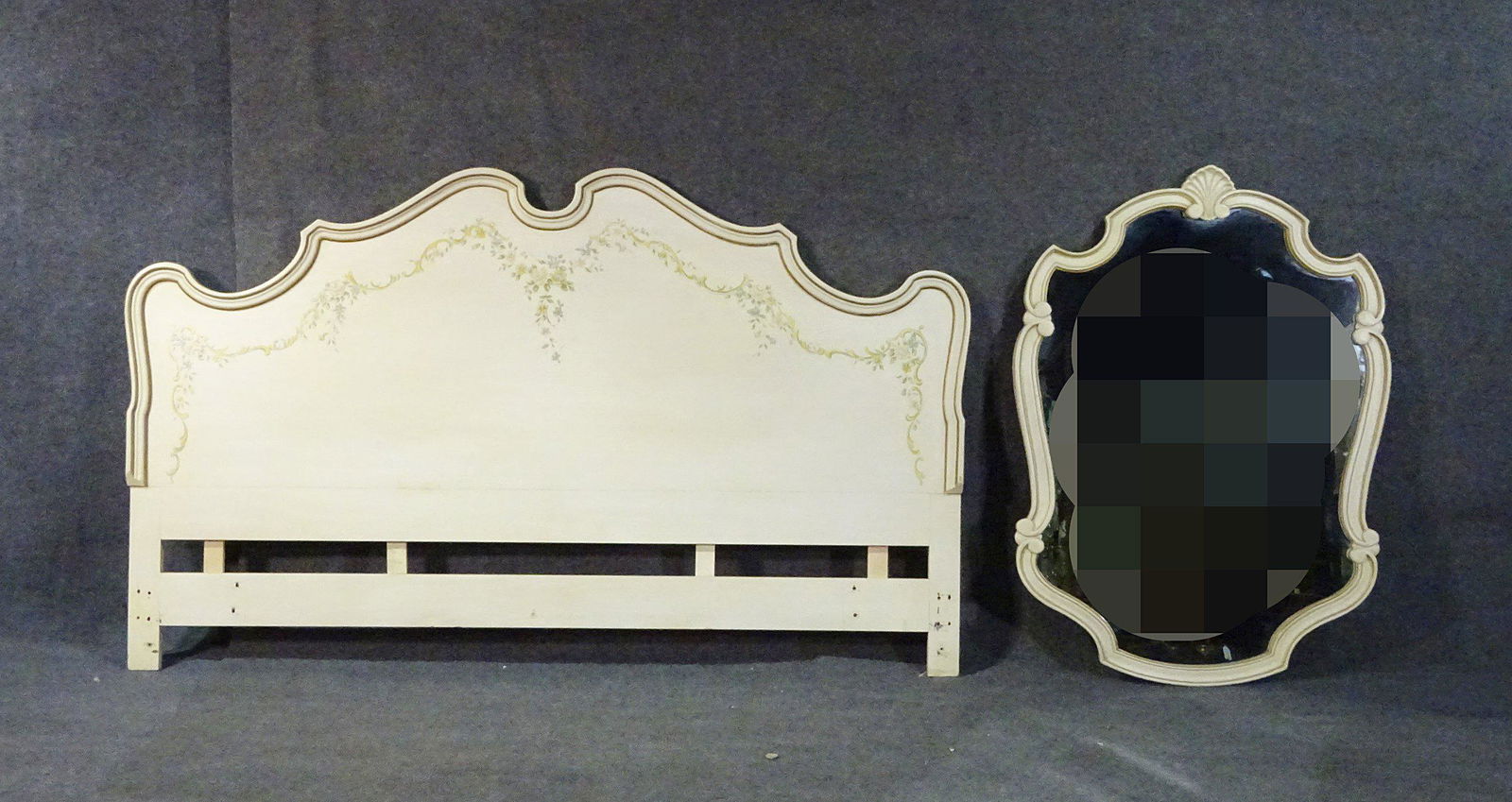 HERITAGE HEADBOARD AND MIRROR: Painted. Mirror measures 49 1/4" h x 39 1/4" w x 1 3/4" d. Headboard measures 48 5/8" h x 80" w x 2 3/4" d.