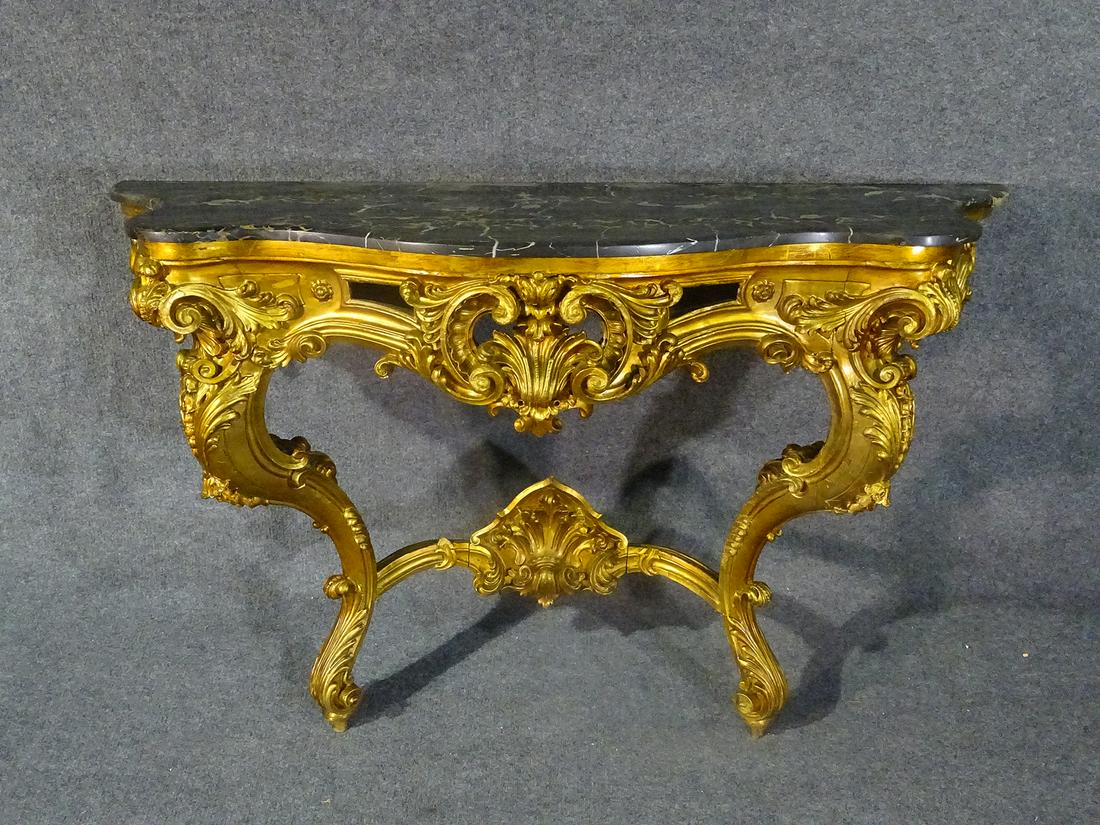 LOUIS XV STYLE GILT WOOD MARBLE TOP CONSOLE: Gilt carved frame. Marble top. 39 1/2" h x 60" w x 21" d.