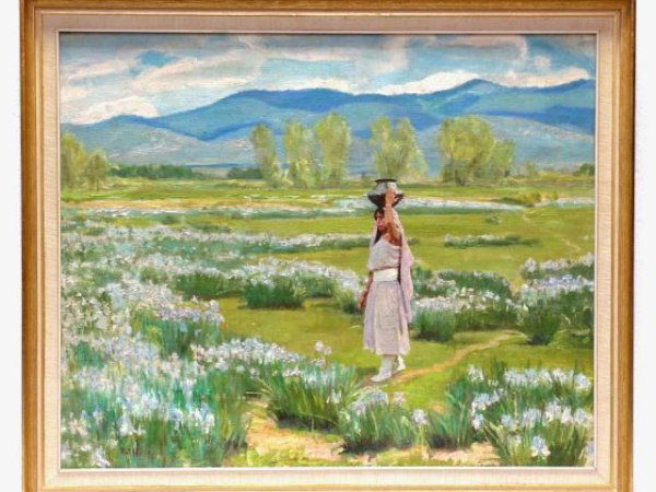 BERT GEER PHILLIPS (AMERICAN) "WILD IRIS": Taos, New Mexico artist. Oil on canvas. Signed lower left Phillips. Signed on verso "Wild Iris" Bert Geer Phillips. Excellent original condition. 18 1/4"x 22 1/4"