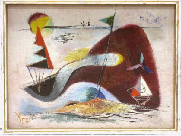 OTTO SAMMER ABSTRACT PAINTING "AM MEER": Oil on board. Signed on reverse Otto Sammer, Passau Hacklberg. Very good condition. 19 1/2" x 26".