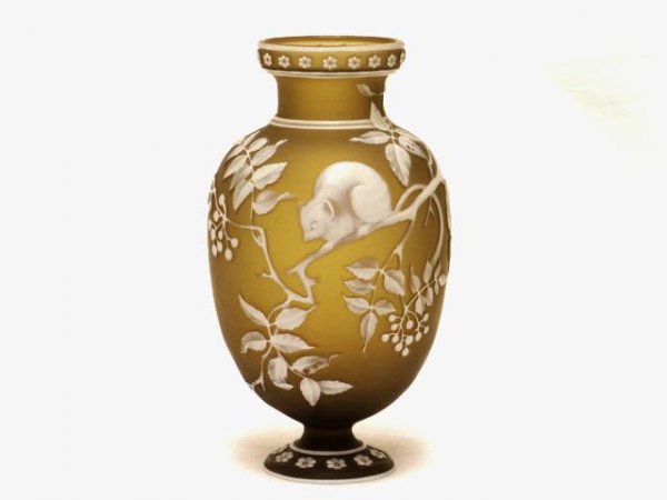 WEBB GEM CAMEO GLASS VASE w/ MOUSE: Amber with white. Signed Thomas Webb & Sons GEM Cameo. Small damage on top rim. 5 1/2" high.