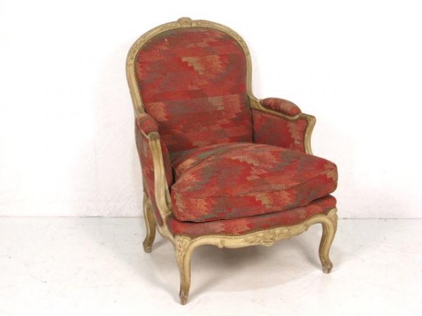 JANSEN LOUIS XV STYLE PAINTED BERGERE: Distressed paint and gilt with wear. Very good condition. 38 1/2"h. x 29"w. x 30"d.