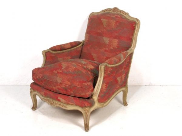 JANSEN LOUIS XV STYLE PAINTED BERGERE: Distressed paint and gilt with wear. Very good condition. 36 1/2"h. x 29 1/2"w. x 35"d.