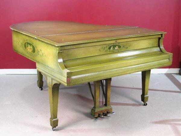 STEINWAY ADAMS STYLE BABY GRAND PIANO: Model M. Serial number 167760. Light green painted with handpainted scenes depicting puttis. Craquelure to finish. Minor damages to case. 38 3/4"h. x 56"w. x 66"d. Provenance: from former New York Cit