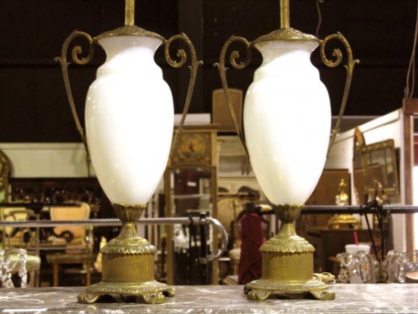 Pr. BRASS & WHITE OPALINE TABLE LAMPS: Very good condition. 20"h. to base of fixture.