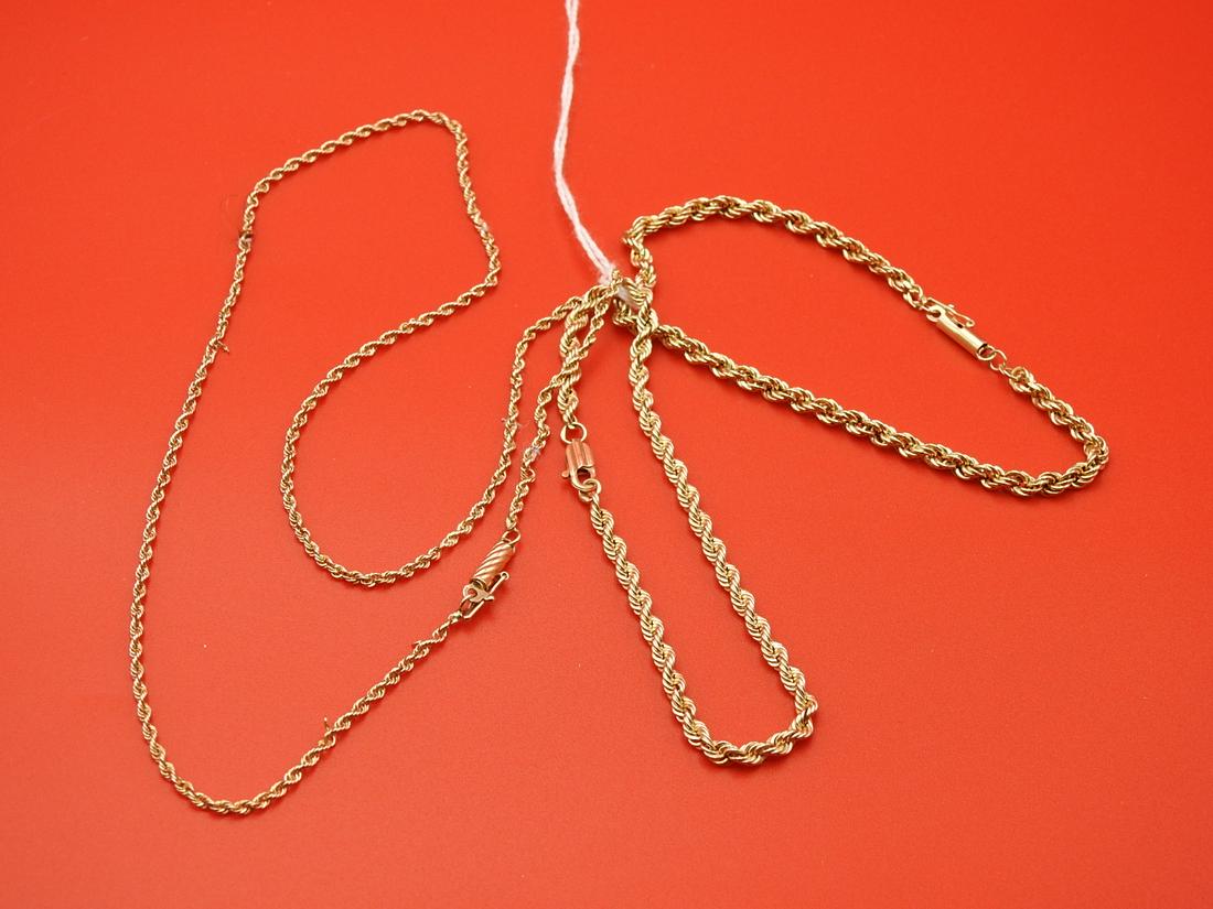 3 PC 14KT GOLD ROPE CHAIN & 2 BRACELETS: Light gauge rope twist. Approximately 18" long chain. Medium gauge rope chain bracelets, 7" and 7.5 inches. 8.9 DWT.