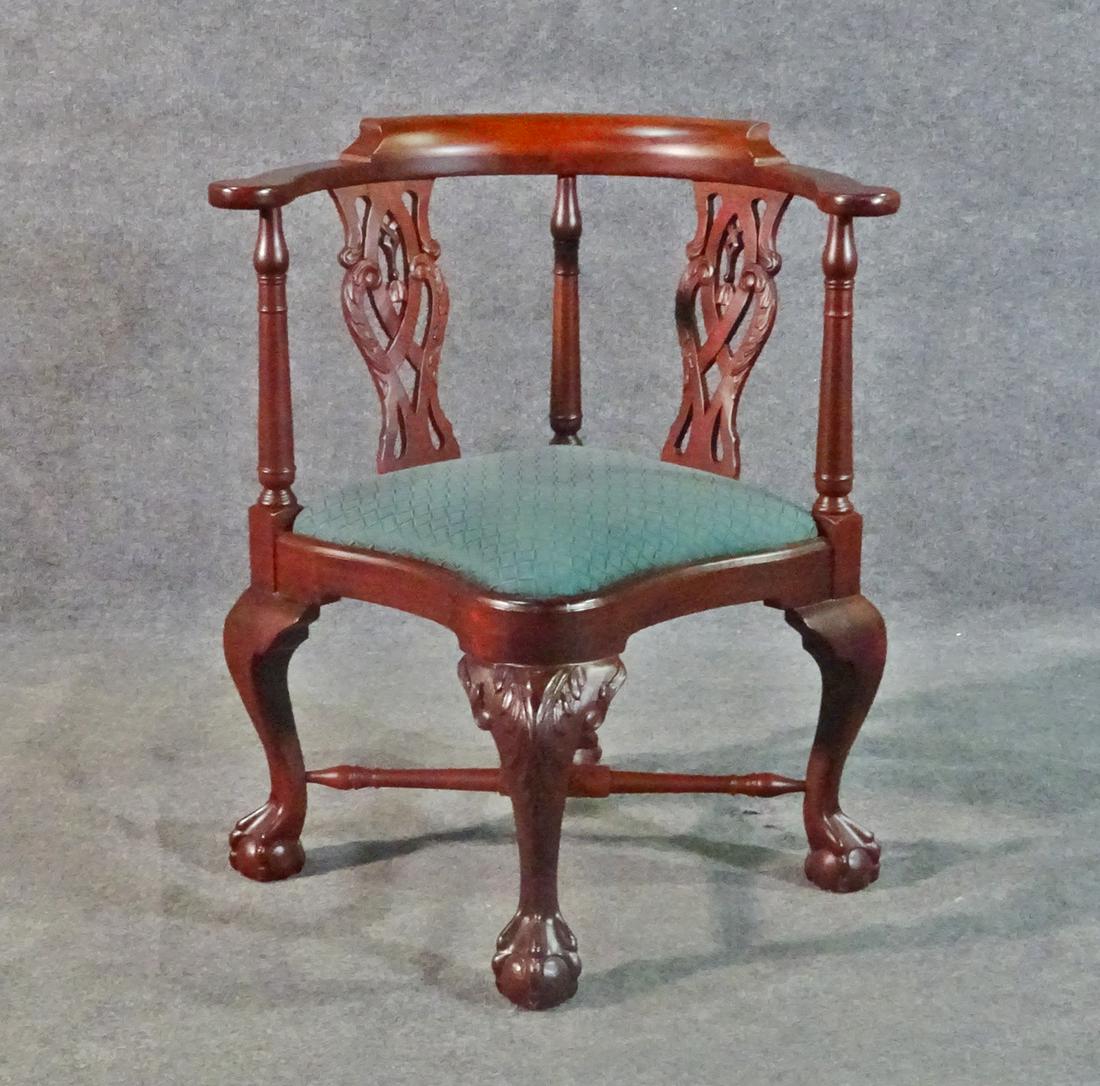 CHIPPENDALE STYLE CORNER CHAIR: Cherry. Upholstered seat. Claw foot. 33 3/4" h x 29 1/4" w x 27" d. Seat height 19".