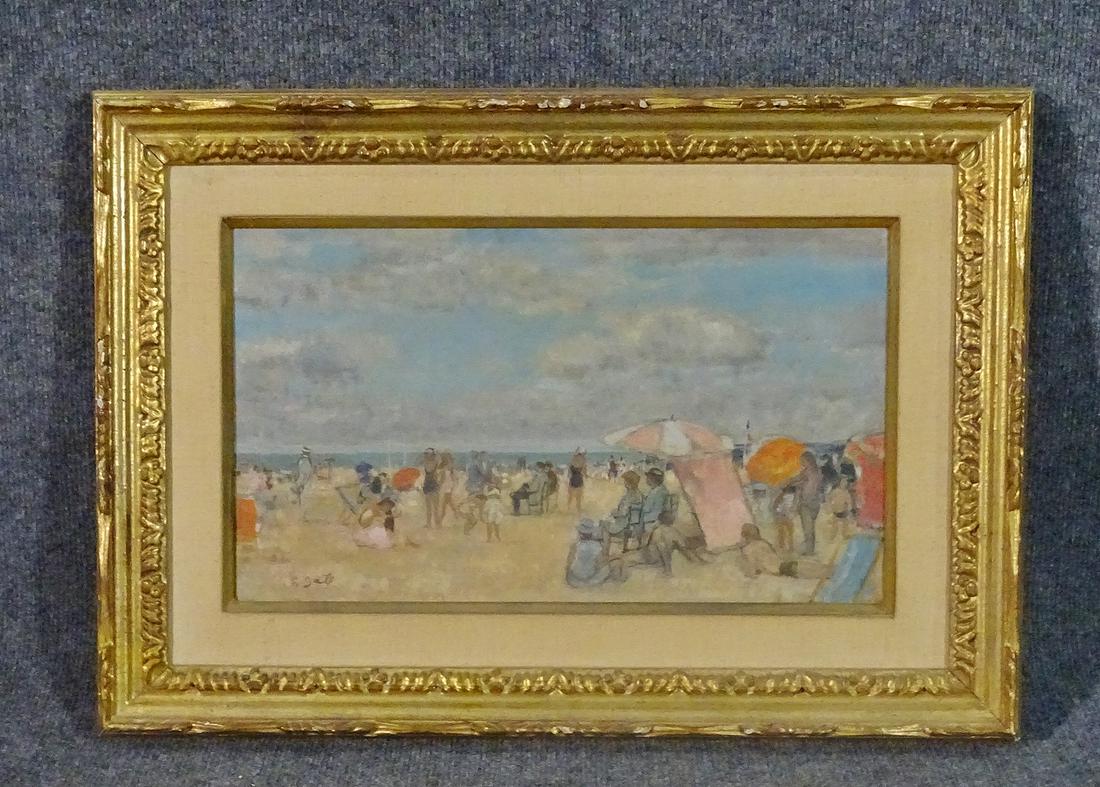 FRANCOIS GALL SIGNED " PLAGUE TROUVILLE": Signed lower left. Christies auction label on verso. Oil on canvas. Wood frame. Framed measures 17 5/8" h x 25 1/8" w x 2" d. Picture measures 10 7/8" h x 18 1/8" w.